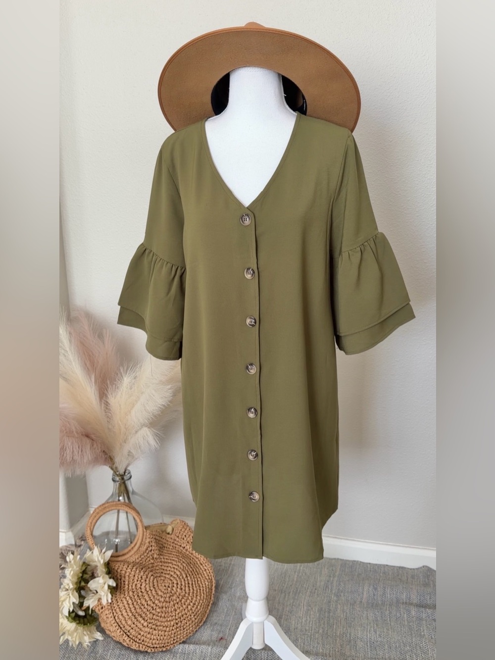 Olive Button-Front V-Neck Ruffle Sleeve Dress